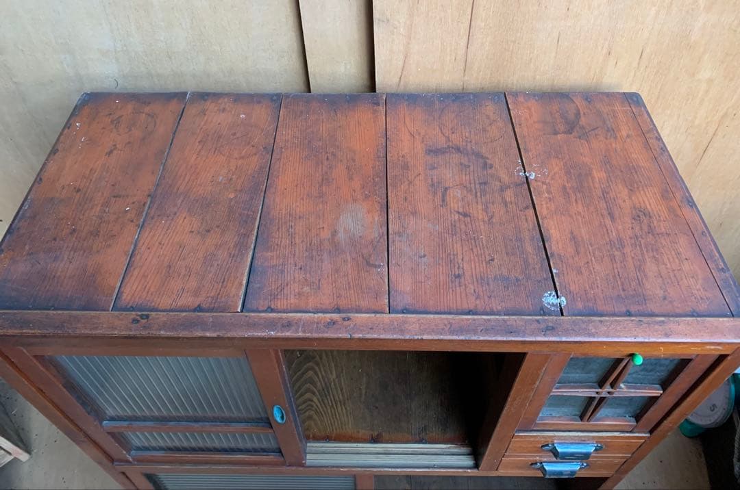 古い木全面モールガラス　収納陳列棚引き出し4杯　レトロ昭和ガラス古家具