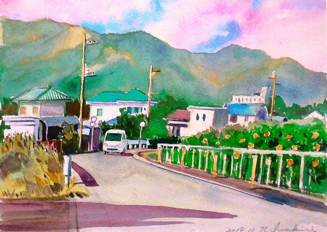 水彩画 田舎風景 額装済み 原画 F6サイズ