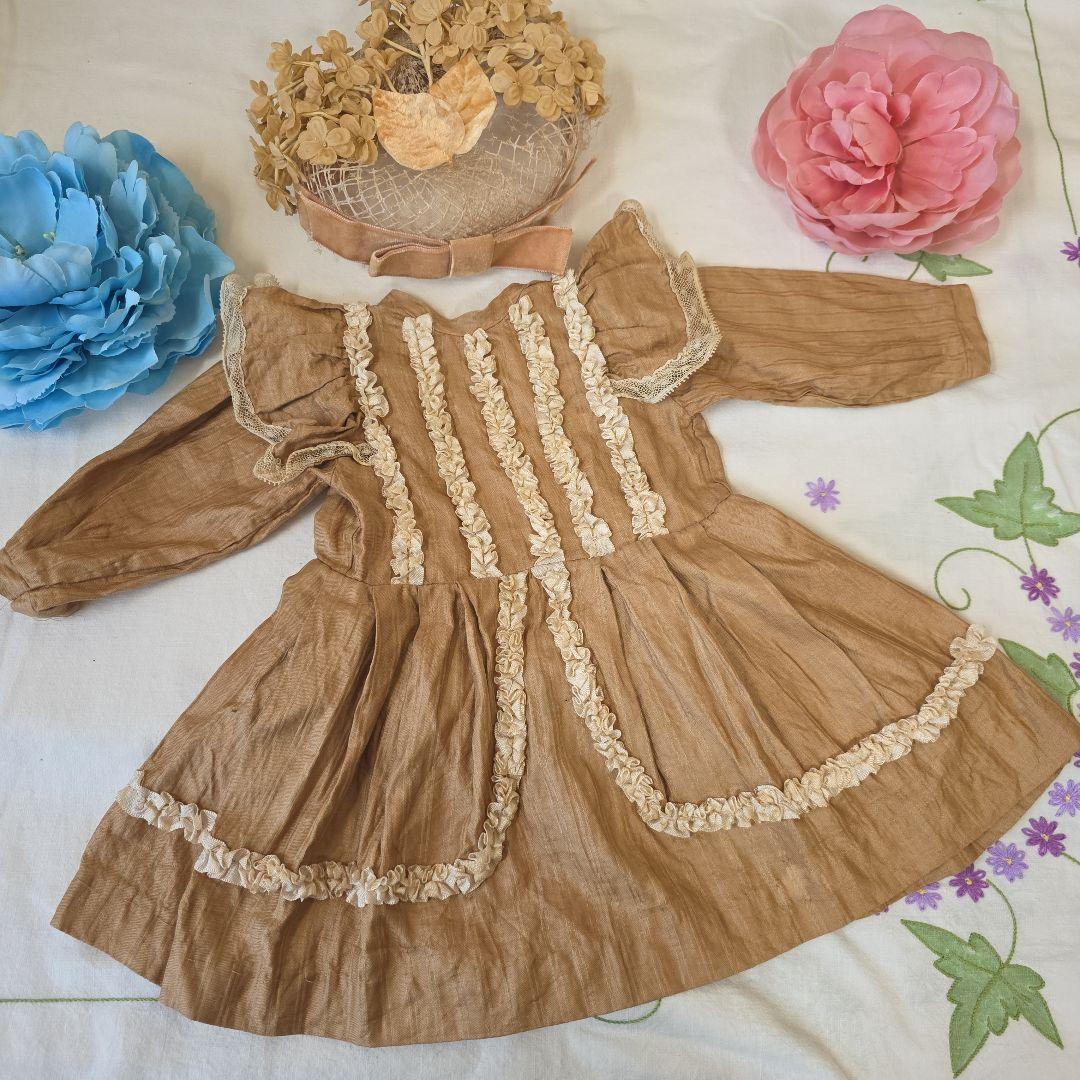 アンティーク　ビスクドール用ドレス　チョコレート色　布花ボネ付き