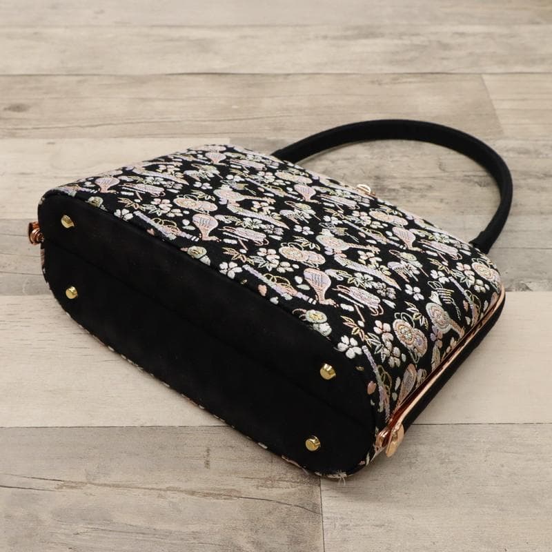 《和装バッグ◆小さな和楽器と桜梅竹模様◆黒地＊着物に合わせて♪Z1-7》