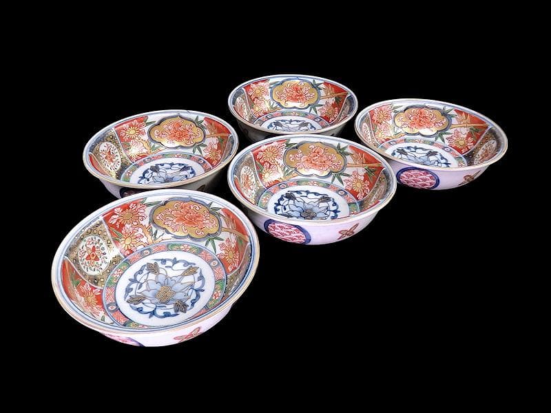 大聖寺伊万里　金襴手　窓絵　花鳥紋の図　春寒鉢　膾皿　５客　C770AS-CZt