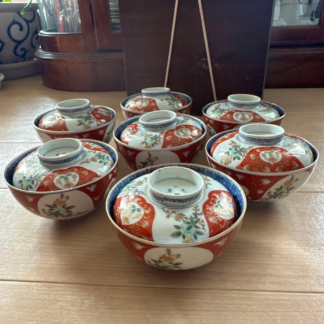 古伊万里　赤絵椀　太明年製　懐石　金彩　７客　蓋付