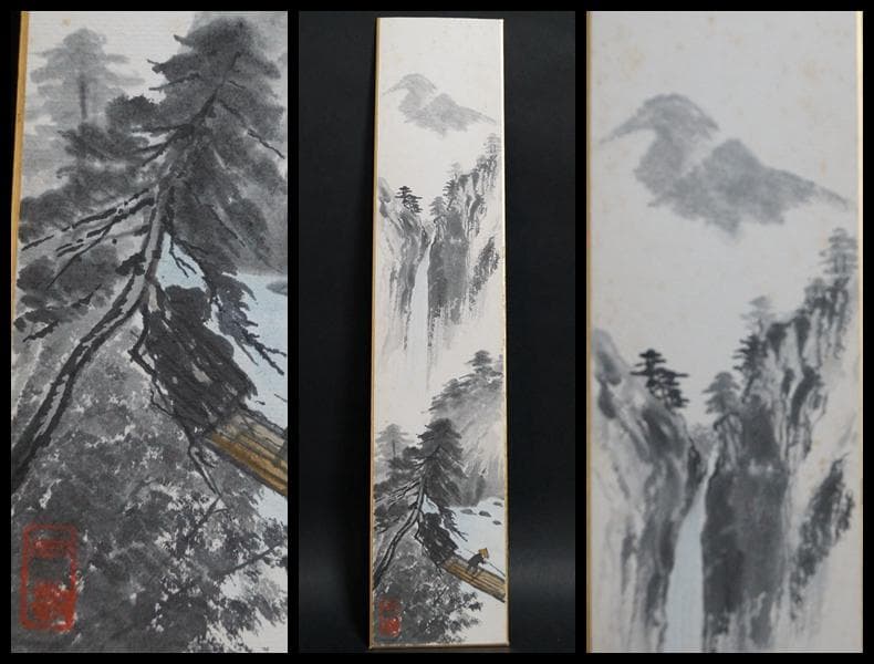 茶道具 江戸期 大型古材短冊掛 古裂装飾 裏透かし彫り『日月』★時代物★希少品