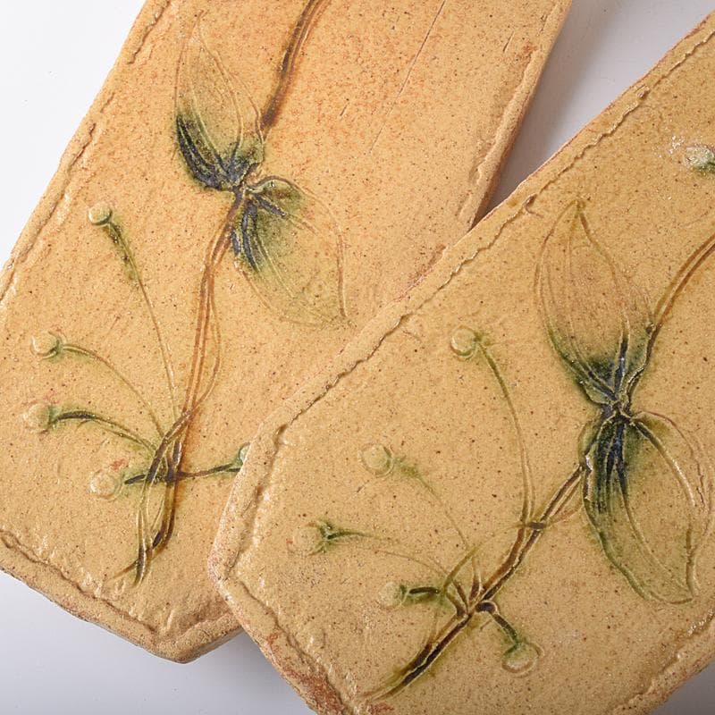 和食器　りんどう窯　小松幸代作　黄瀬戸　草文　長方皿　五客　共箱　D　R8175