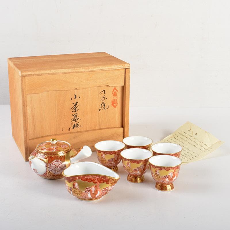 九谷焼　錦生窯　本多順一作　小茶器揃　急須　煎茶碗五客　湯冷　共箱　GR7272