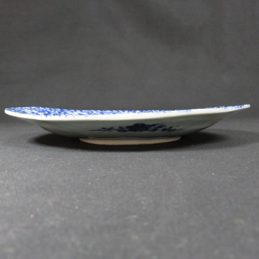 長丸皿 3枚 歪み 変形皿 花唐草 印判 染付 明治 大正