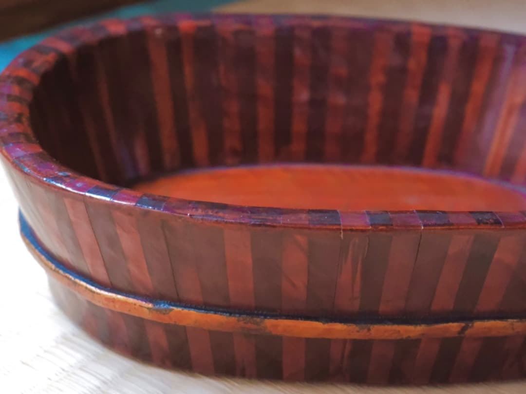 永辰祥造　唐木　寄木煙草盆　漆工芸　箱付　煙道具　茶道具Q2330