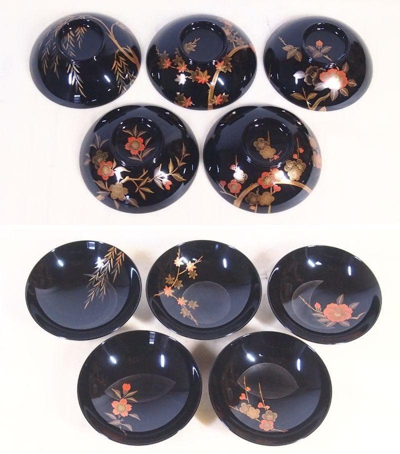 【極美品】輪島塗 名月絵変わり蒔絵 吸物椀5客 信斎/松斎 汁椀/お椀 漆器食器