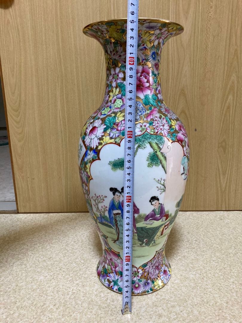 中国骨董／人物花鳥図／￼絵金百花瓶／亁隆年製铭