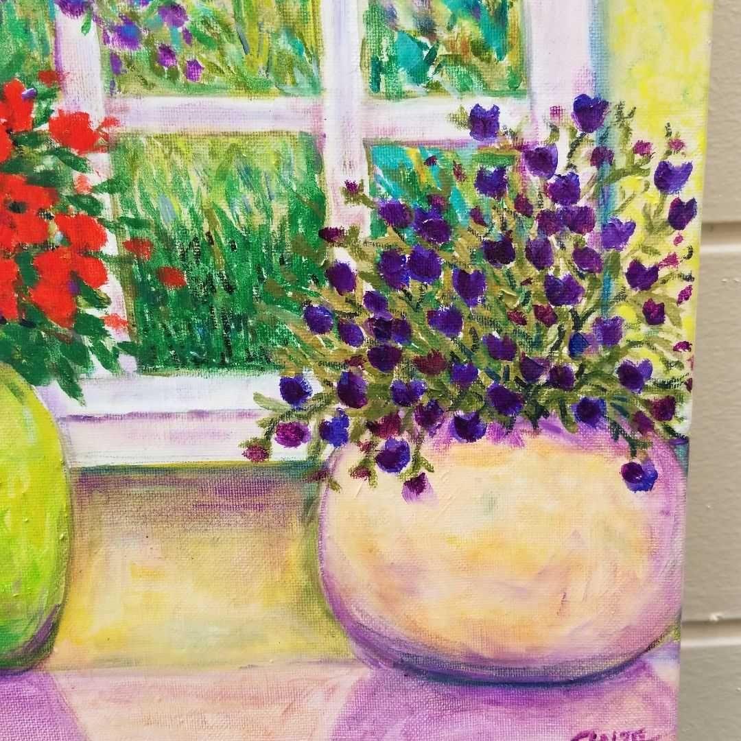 油絵　窓辺に並べたお花　　大きめキャンバス