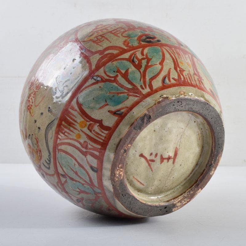 琉球陶器　壺屋焼　小橋川仁王造　神獣山水文　花瓶　共箱　C　8976