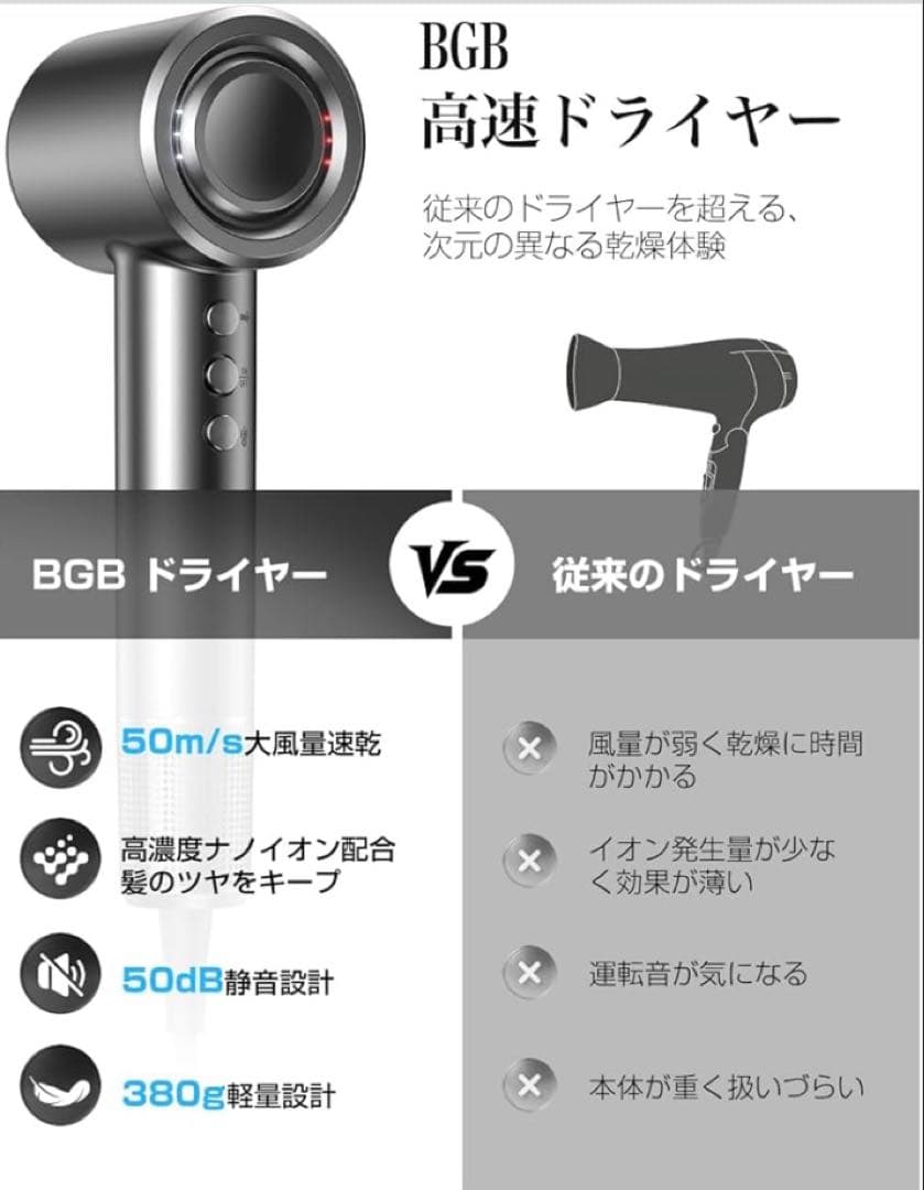 【ドライヤー】高濃度マイナスイオン マグネット式ノズル付き（グレー）