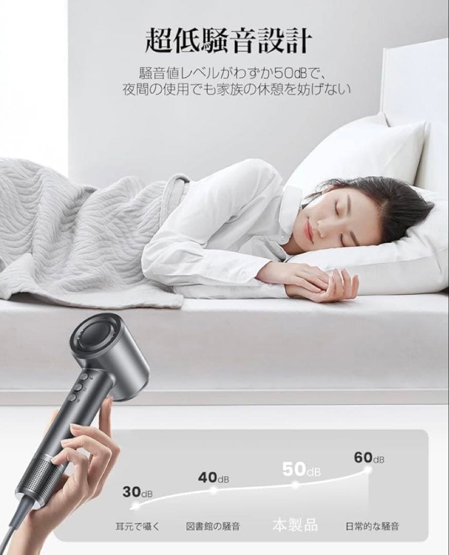 【ドライヤー】高濃度マイナスイオン マグネット式ノズル付き（グレー）