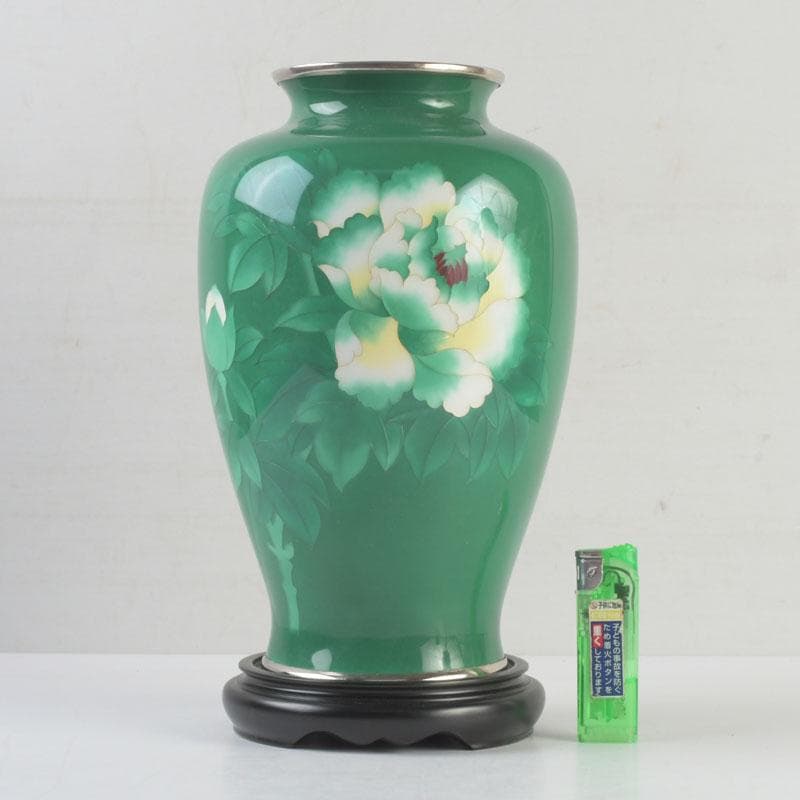 七宝焼　緑釉　牡丹文　花瓶　唐木台付　V　9324