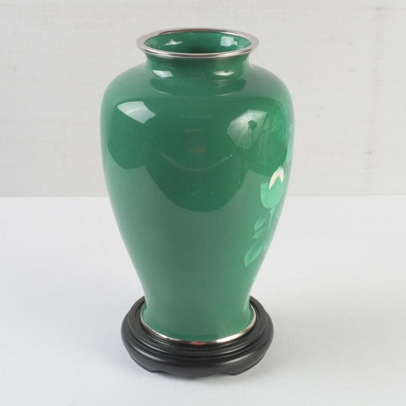 七宝焼　緑釉　牡丹文　花瓶　唐木台付　V　9324