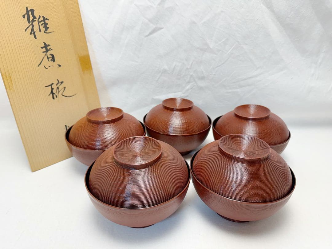 ほぼ未使用 懐石道具 天然木製 本漆塗 千筋 雑煮椀 5客揃 溜塗 内黒 共箱