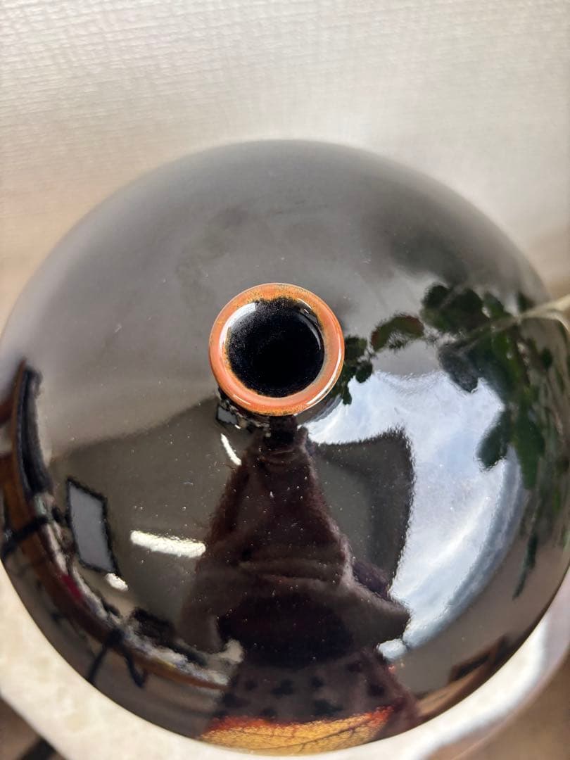 【共箱・真作保証】藤井朱明作 天目木の葉壺 高さ約25cm｜日本陶芸名家｜美品