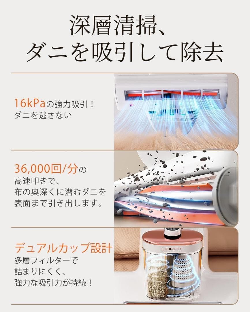 布団クリーナー 16Kpaの強力な吸引力 毎分たたき36,000回超高速拍打