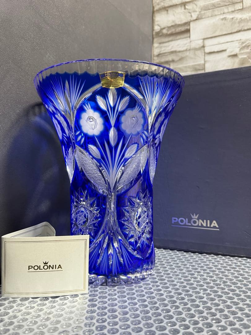 【ポーランド製 POLONIA クリスタル花瓶】色被せ切子 高さ24cm 美品