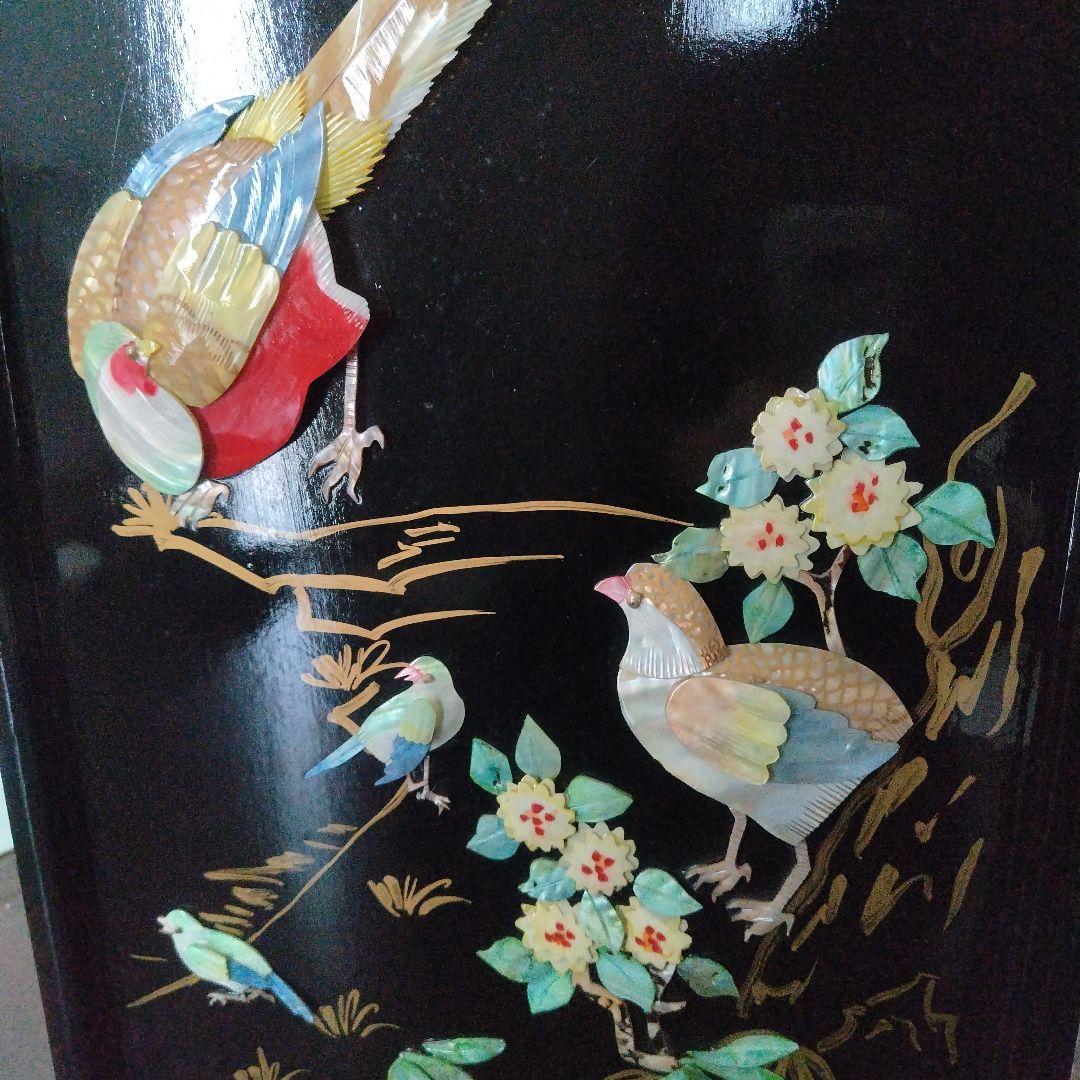 美品！骨董品 アンティーク 漆塗り 艶やか貝細工 花鳥風月 パーティション 屏風