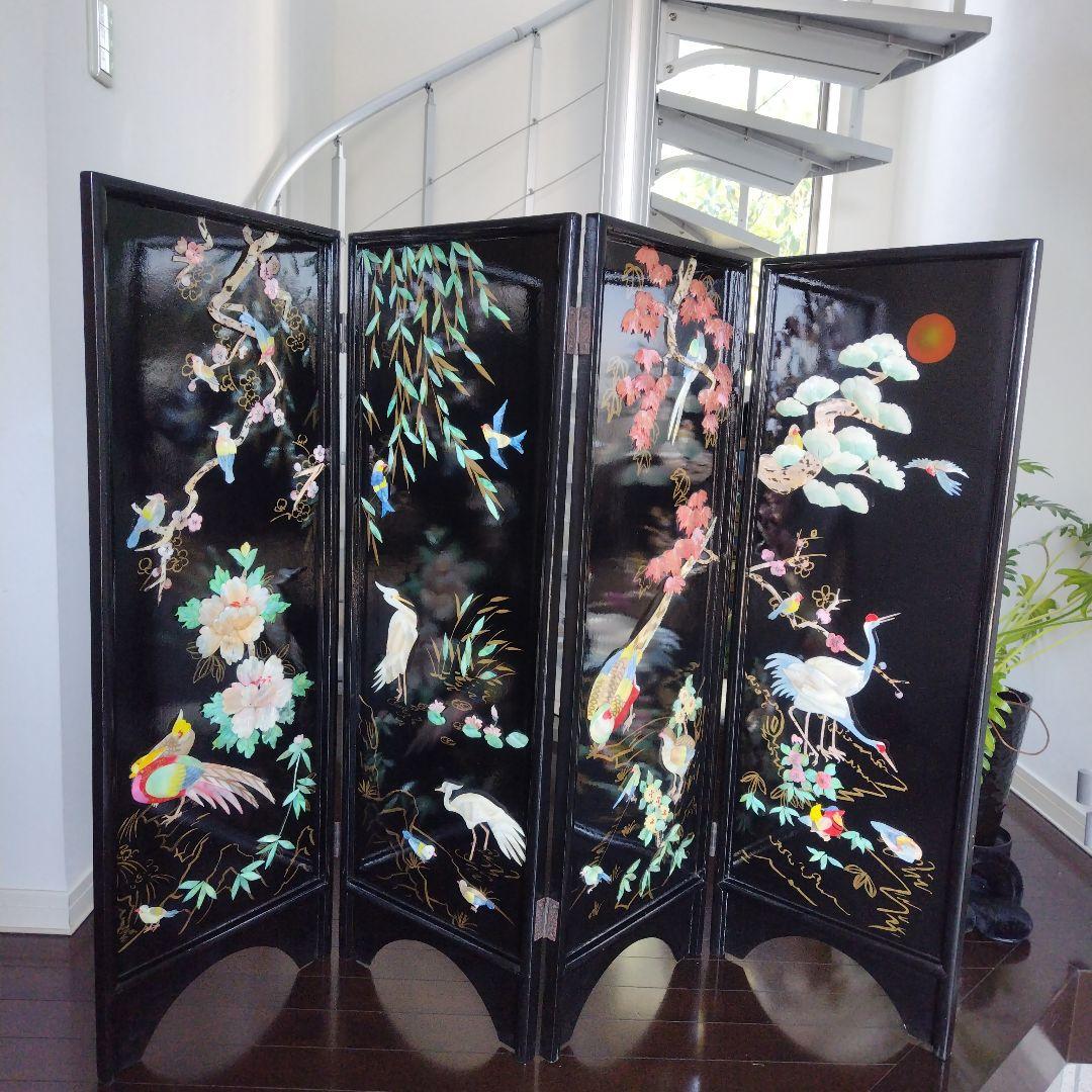 美品！骨董品 アンティーク 漆塗り 艶やか貝細工 花鳥風月 パーティション 屏風