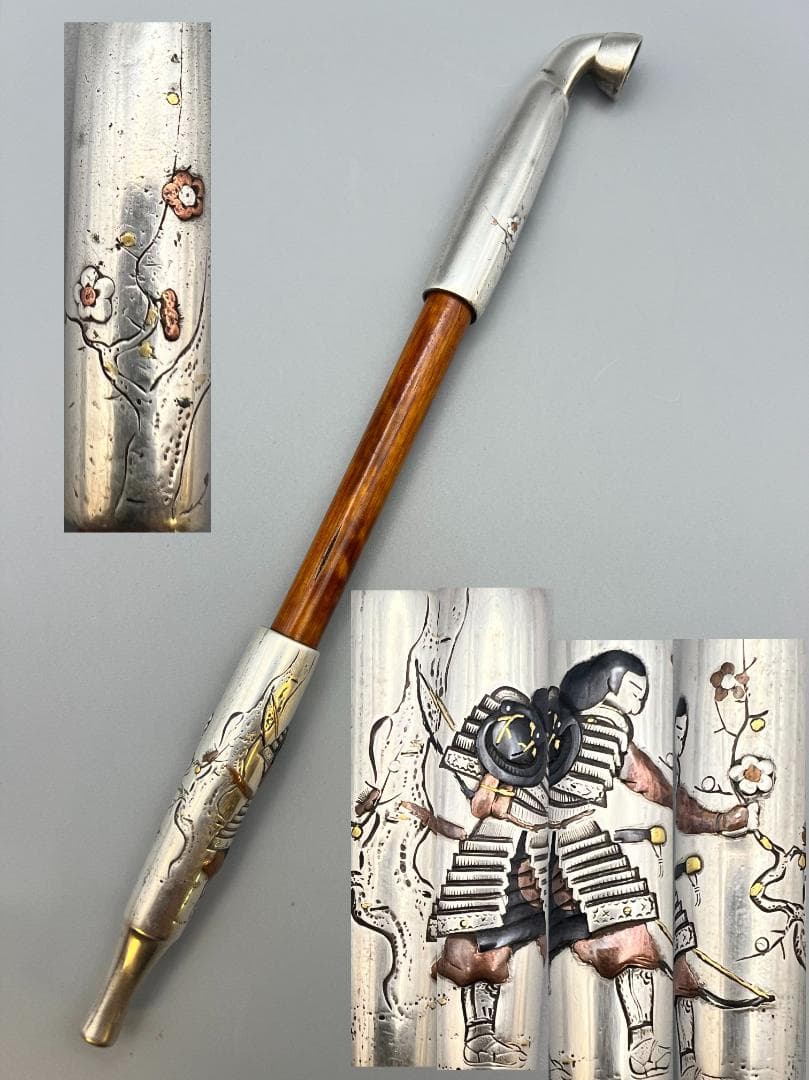 eee”即購入ok 銀煙管　武士梅図　金赤銅象嵌　キセル　銀細工　アンティ