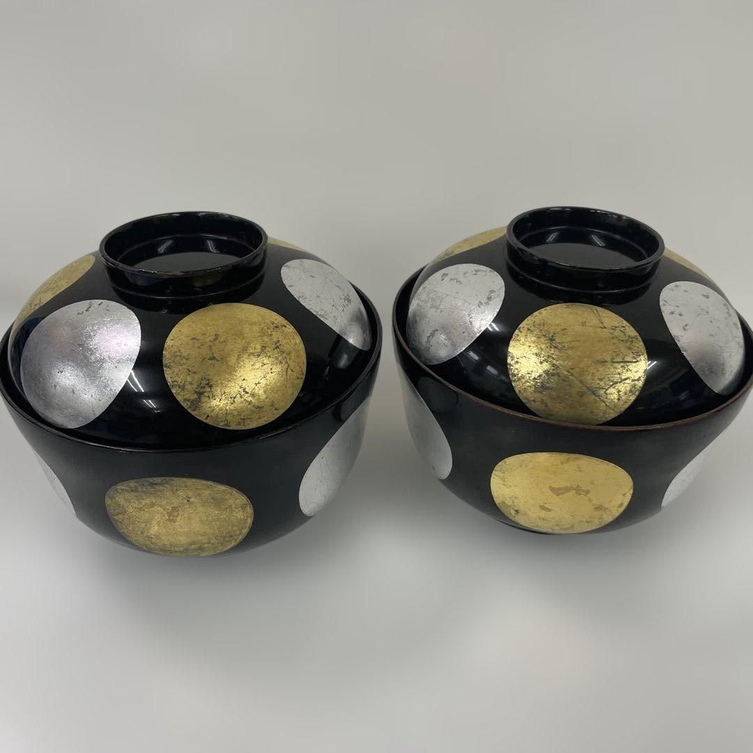 ツバキ 蓋付き椀 黒 金 銀丸模様 27客セット　少々難ありお値下げ品！