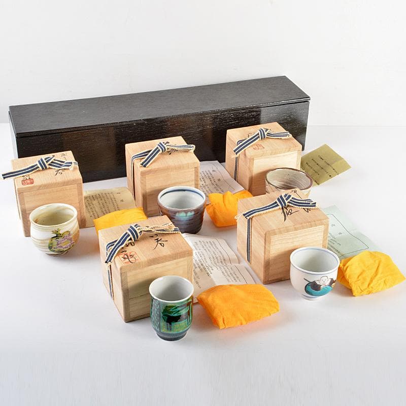 九谷焼　柳雨軒　三代八十吉　徳田正彦　中嶋珠光等　盃　共箱　五点　U　R5804