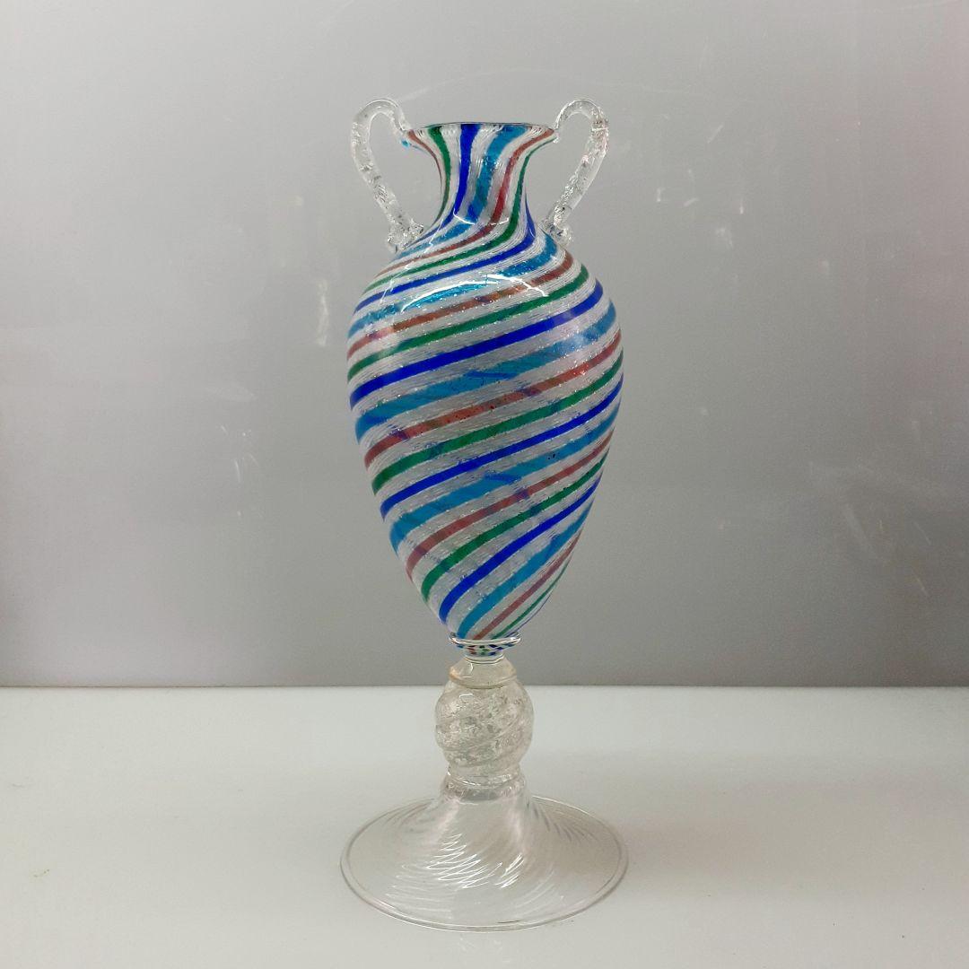 MURANO GLASS ムラノ 銀彩 双耳 カラフル レース 花器 オブジェ