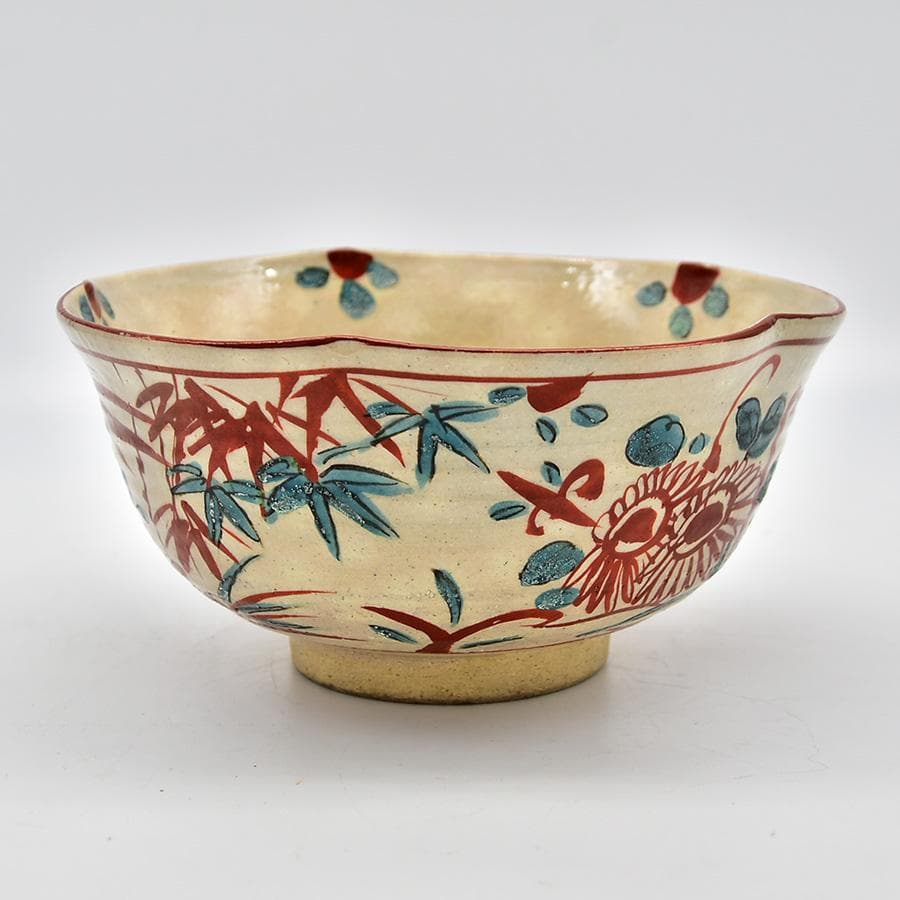 未使用 呉須赤絵輪花 菓子鉢 花鳥図 京 晴香在銘 茶道具 菓子器