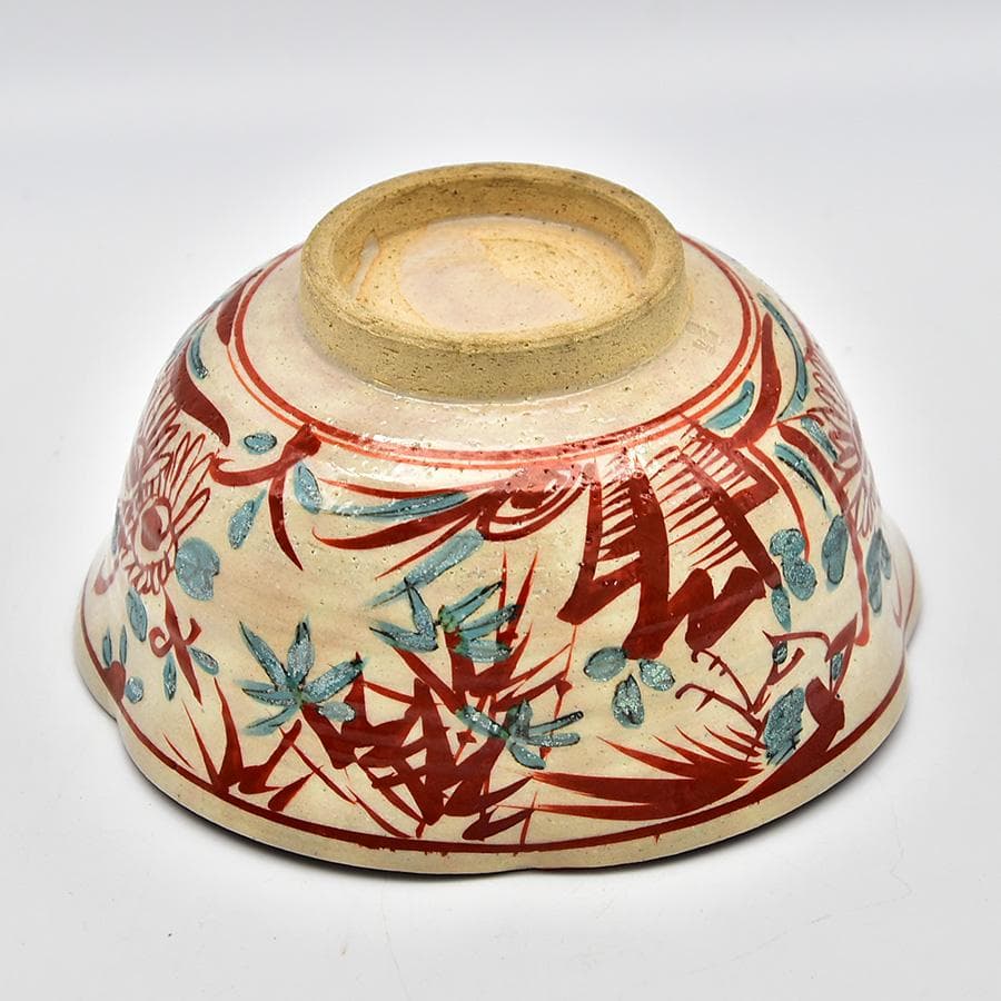 未使用 呉須赤絵輪花 菓子鉢 花鳥図 京 晴香在銘 茶道具 菓子器