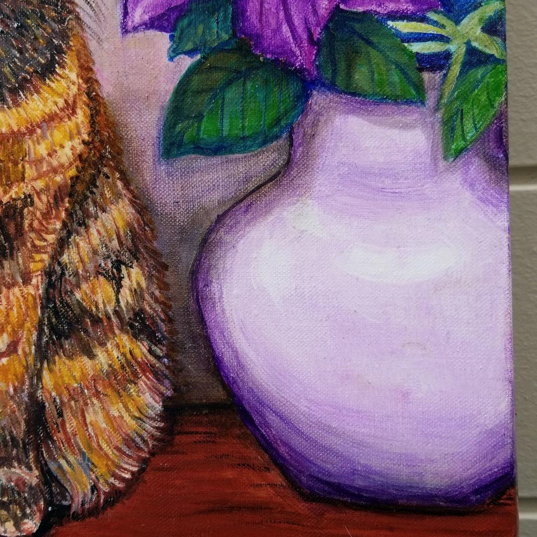 キャンバス油絵　キラ確認　お花と並んでおすまし華ちゃん