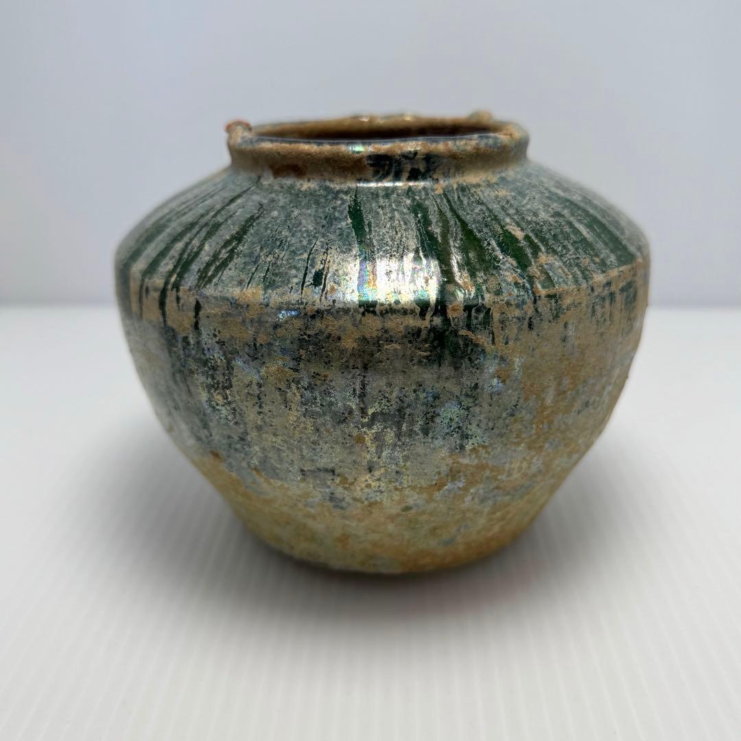 希少 中国 漢時代 漢緑釉 銀化小壺 壺 共箱付 土 泥 付き