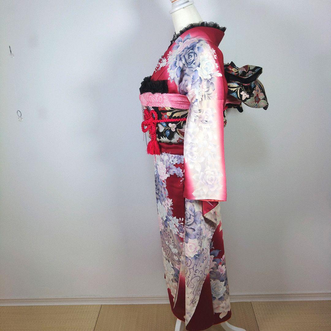 格安！　振袖フルセット　9点　成人式　結婚式　前撮り　えんじ色　赤　バラ