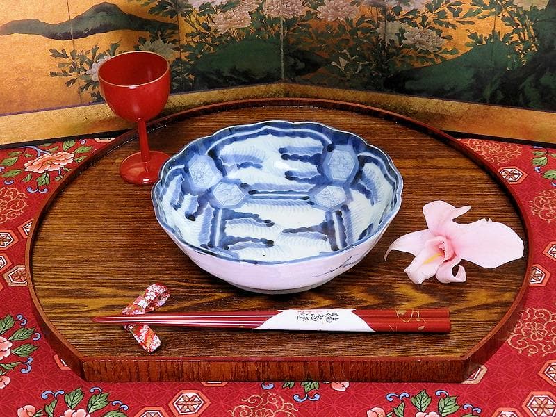 古伊万里　染付　亀甲紋に草花紋の図 膾皿　江戸期　D568AS-fbsx