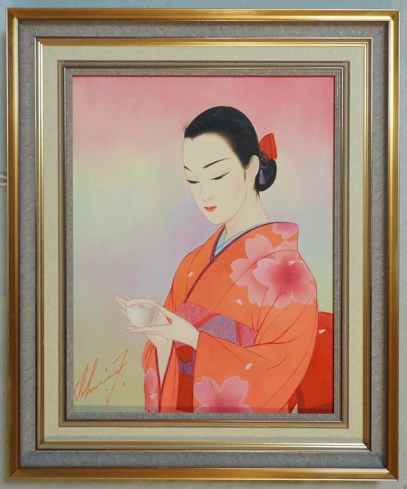 【最終値下げ】人物画　油絵　鶴田一郎　和服美人画　F6　額付き　手描き　肉筆