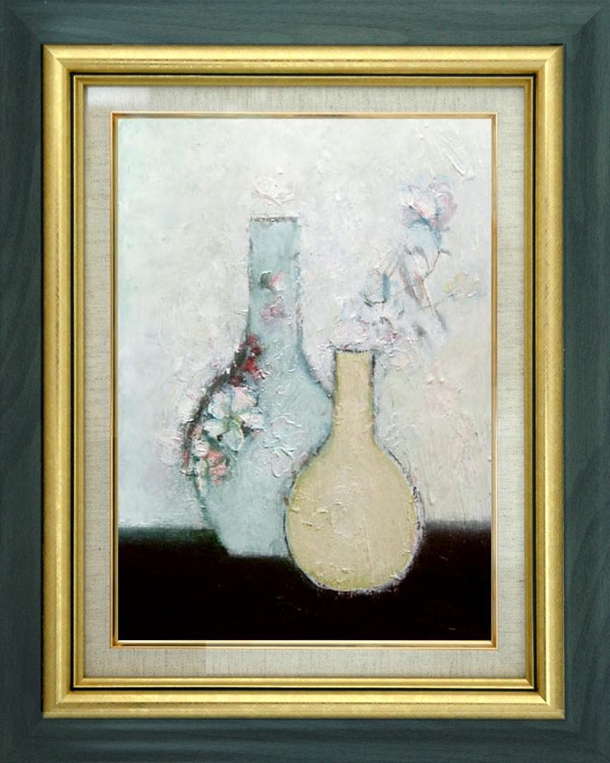 油絵 菅家令子 絵 絵画インテリア額付(青緑＋金色の枠)uF6-111102花瓶