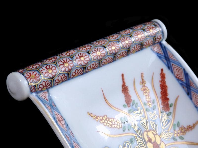 大聖寺伊万里　生け花の図　巻物型変形皿　E329AS-CQp