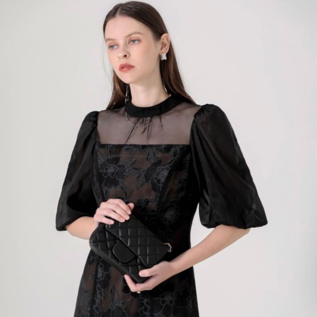 美品✨ Leja 花柄オーガンジーレース シアーパフスリーブドレス M ブラック
