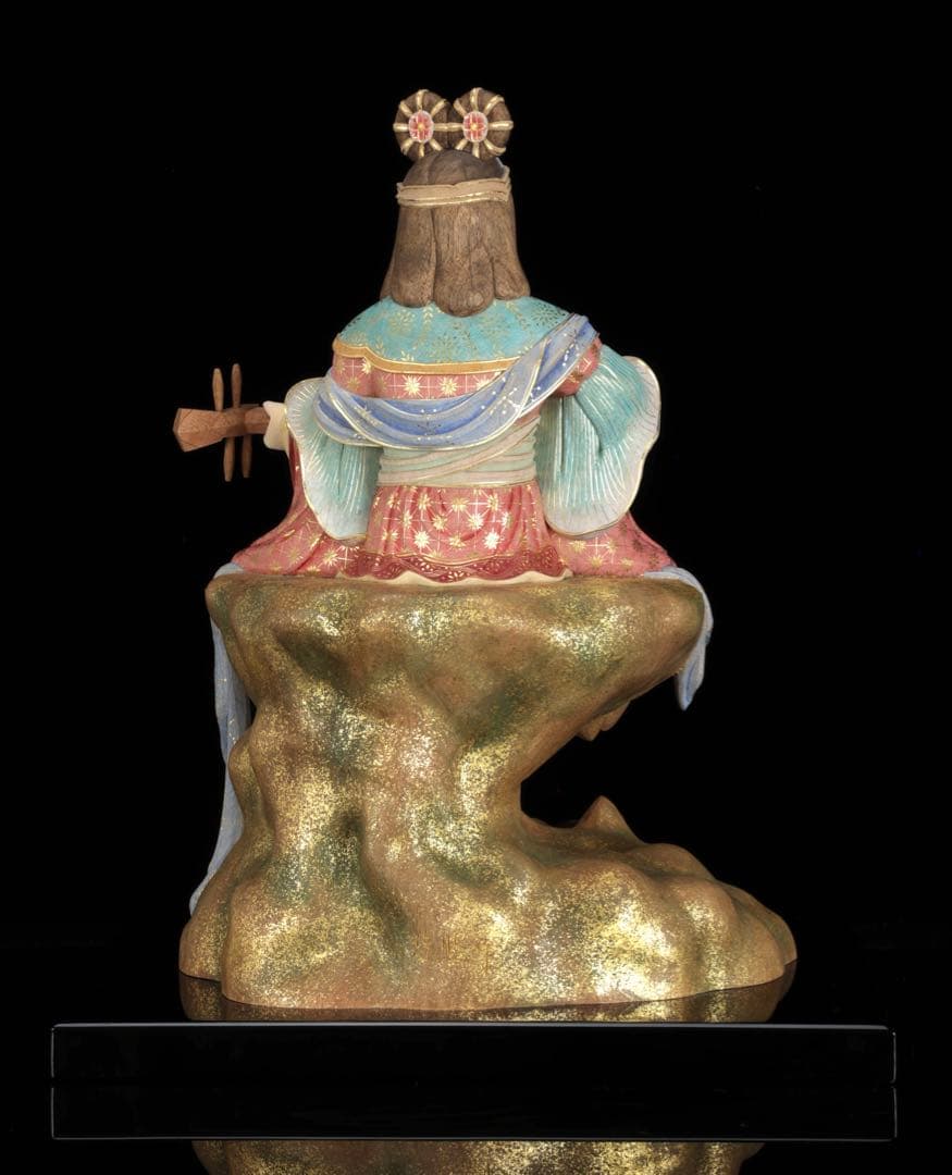 現代大仏師 向吉悠睦 秀逸作 木彫彩色像 琵琶を奏でる天女 ガラスケース 共箱付