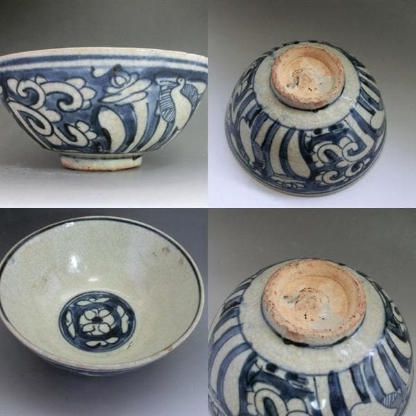 茶碗■鉢 古い染付 鷺（さぎ） 花唐草 お茶道具 菓子器 古玩 時代物 骨董品■