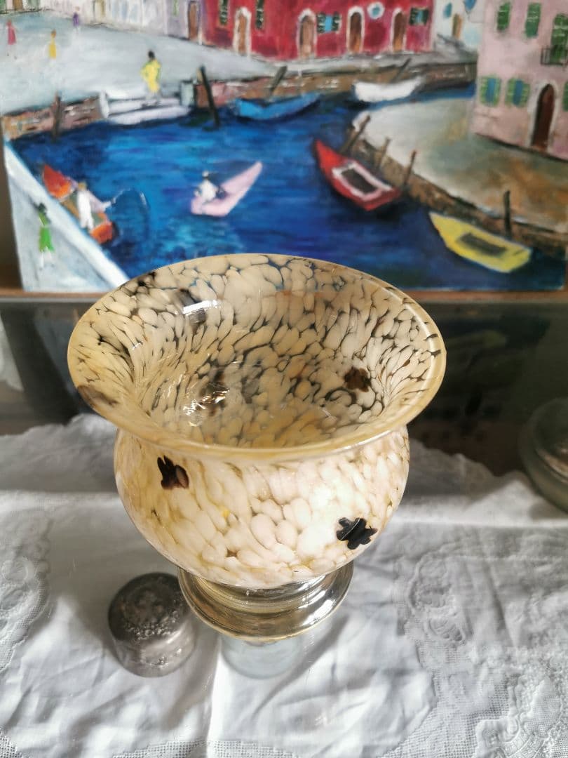 アンティーク ヴェネチアンガラス アンバー＆白＆鼈甲色＆金粉 工房物ラージベース