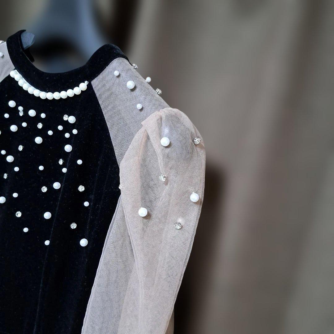 Leja シアースリーブパールビジューベロアマーメイドドレス　M