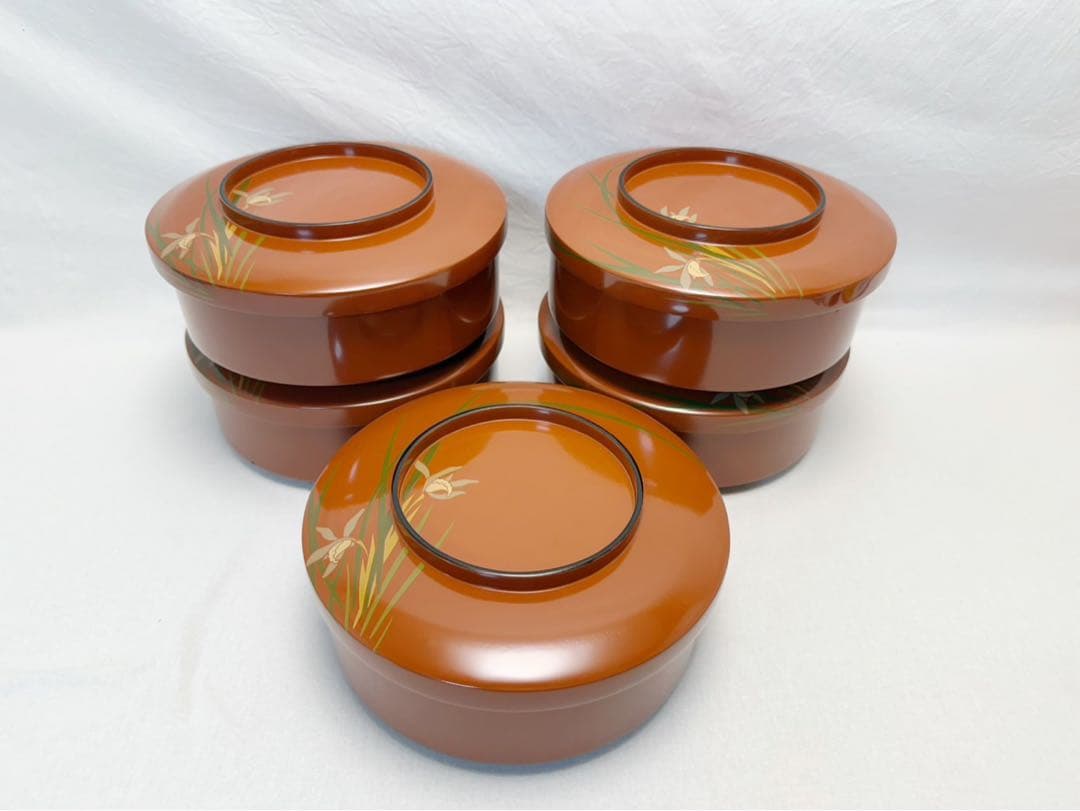 美品 茶道具 木製古代朱塗 蘭蒔絵 多用鉢 菓子鉢 天麩羅 どんぶり等 5客揃