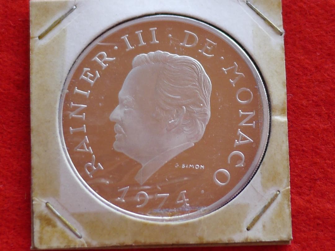 1974年　モナコ公国レニエ3世即位25周年　公式100フランプルーフ銀貨