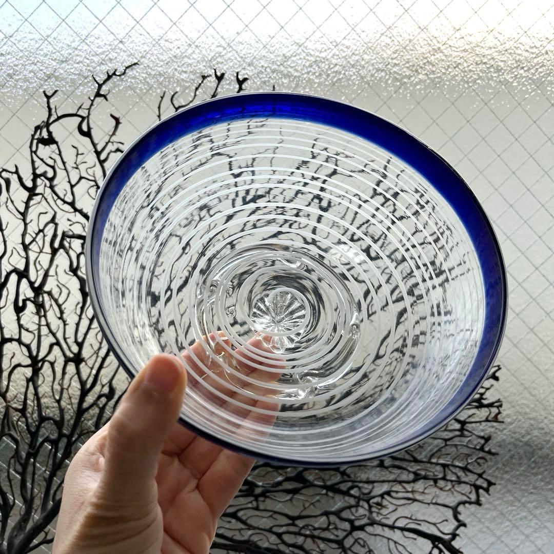 骨董　時代ガラス　瑠璃色フチ　希少　千段　糸巻き輪鉢　菓子器　氷コップ　ウラン②