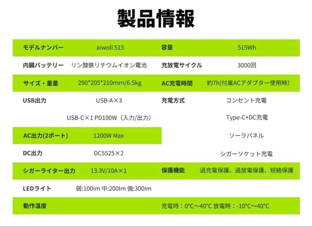 新品 AIWOLL ポータブル電源 515Wh 600W出力 リン酸鉄リチウム