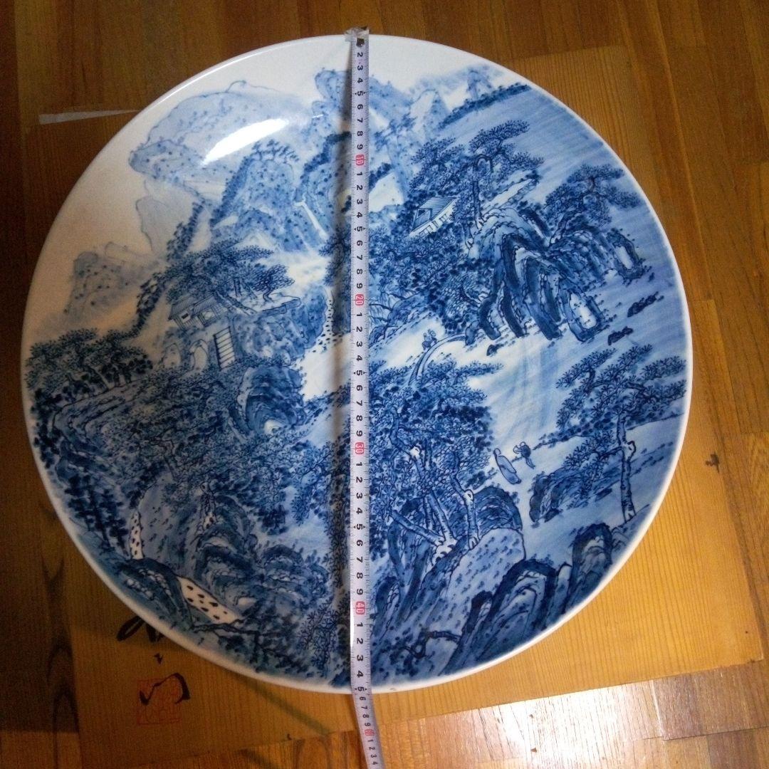 陶器大皿 直径約４５cm　青.山水画