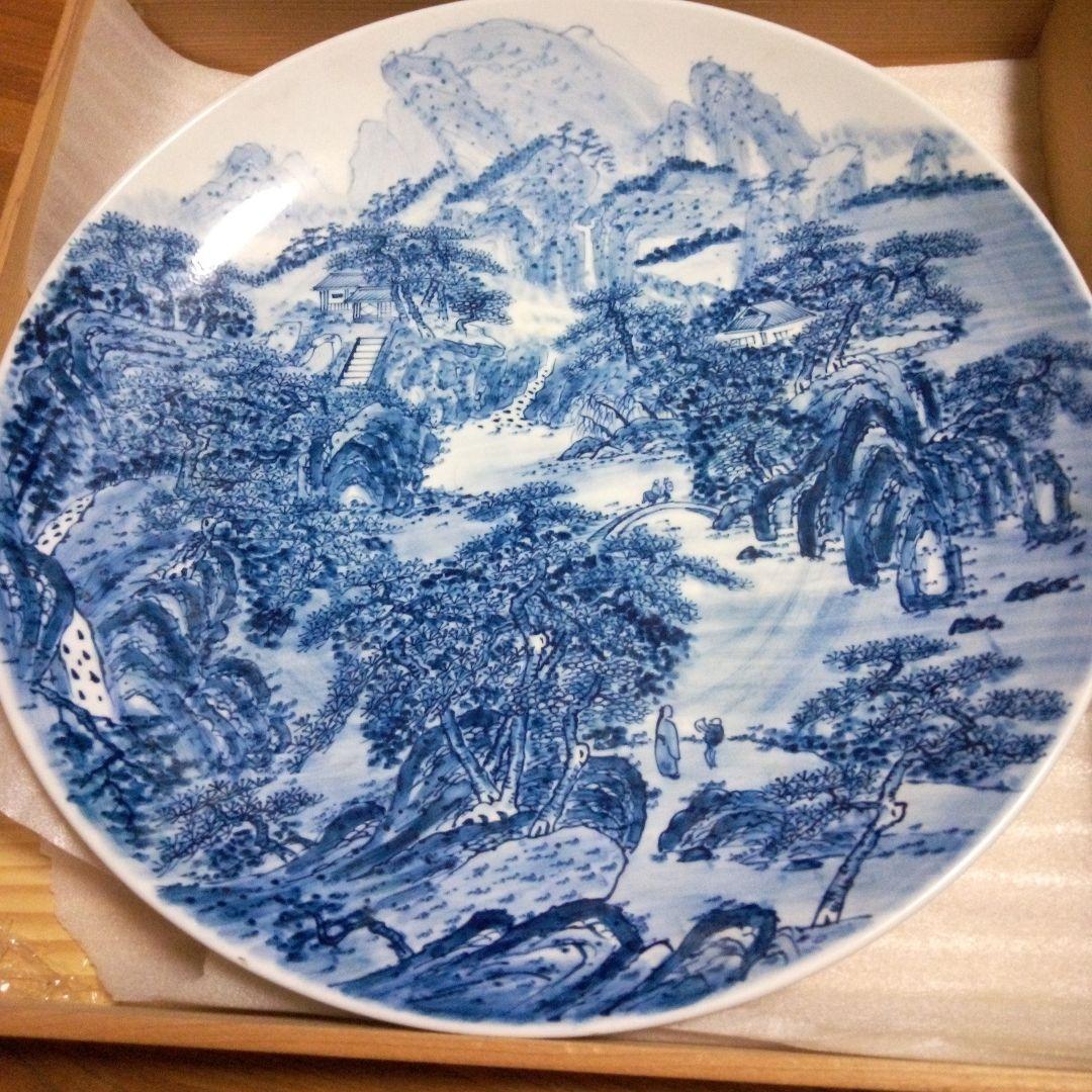 陶器大皿 直径約４５cm　青.山水画
