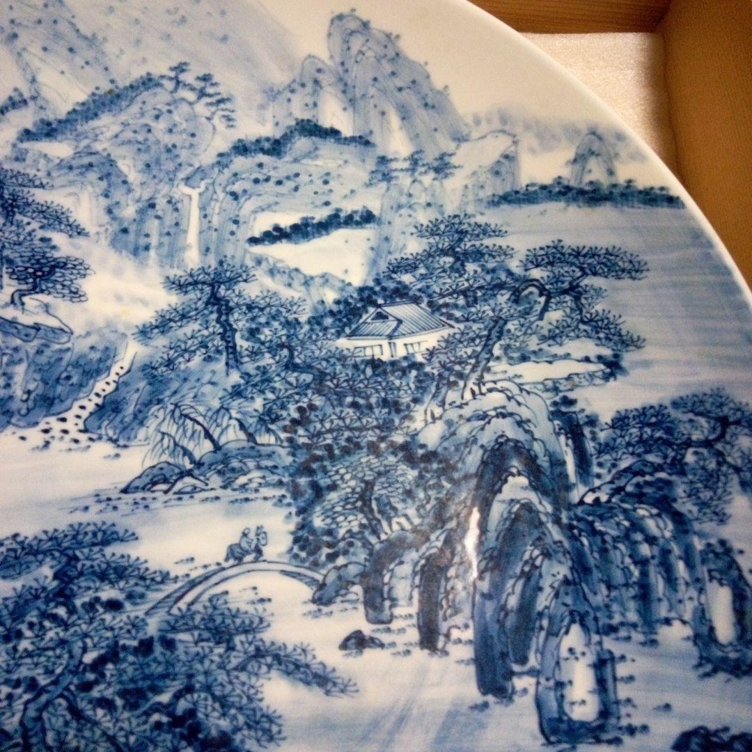 陶器大皿 直径約４５cm　青.山水画